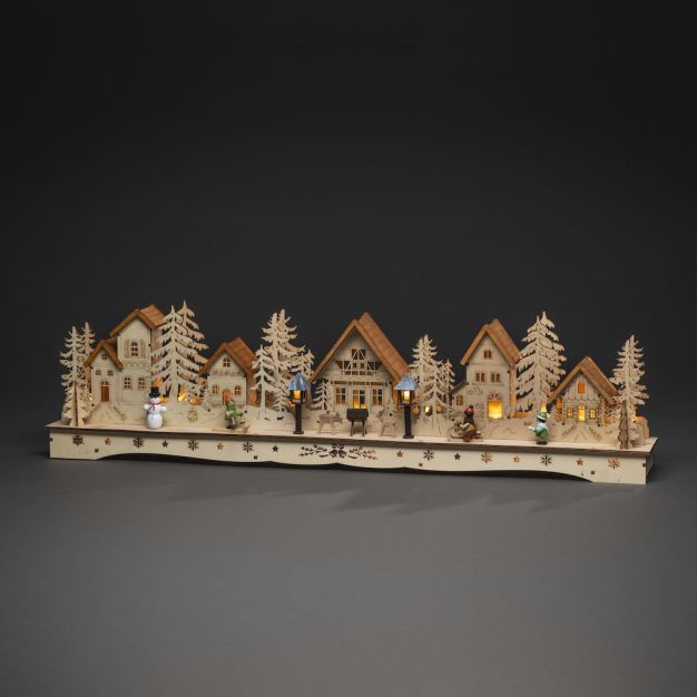 Konstsmide Lumières de Noël - village en bois alimenté par piles - 78 x 9 x 18,5 cm - marron